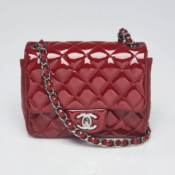Chanel Dark Red Quilted Patent Leather Classic Square Mini Flap Bag - Picture 1 of 12